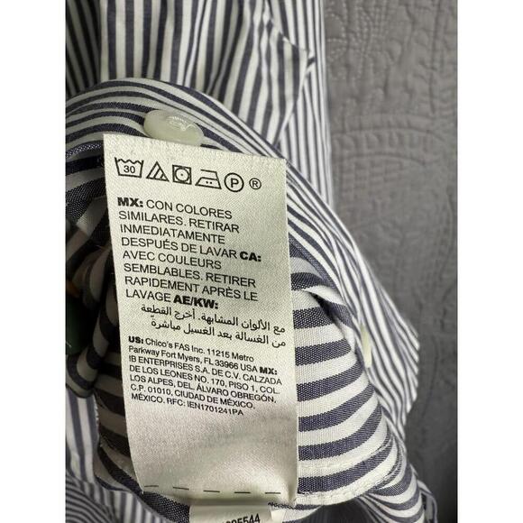 Chico's 2 No Iron Button Front Shirt Womans  Blue White Flip Cuffs - Picture 5 of 9